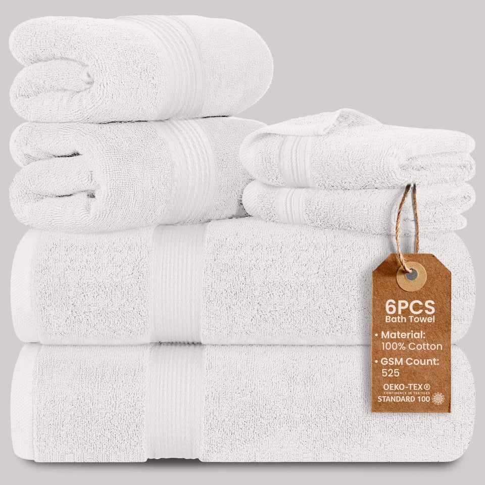 6Pc Bath Towel Set Washcloths 100% Cotton Zero Twist Absorbent Bathroom Towels