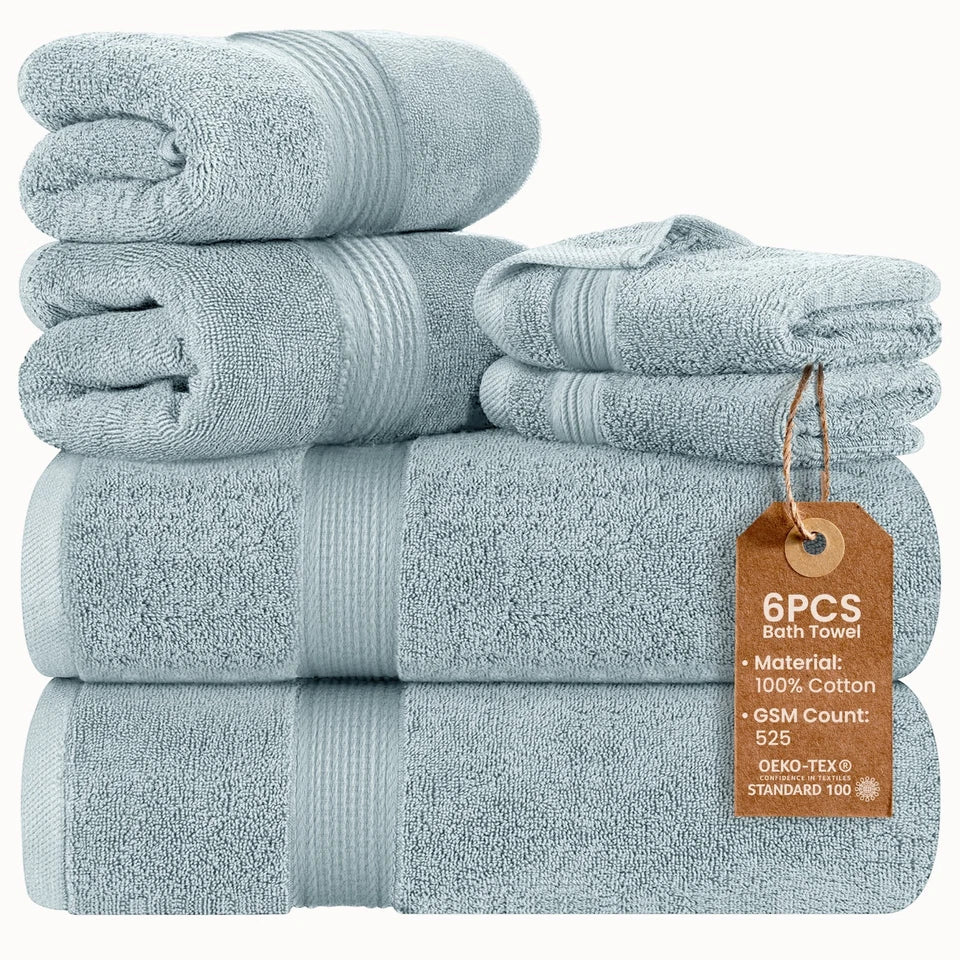 6Pc Bath Towel Set Washcloths 100% Cotton Zero Twist Absorbent Bathroom Towels
